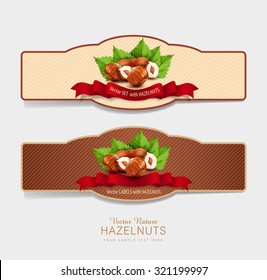 Vector set of horizontal labels with hazelnuts and red ribbon (design element)