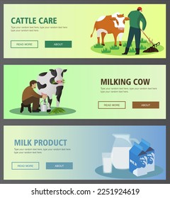 Vector set of horizontal livestock  banners, Livestock and animal farm concept for banner, how to take care livestock. Milk, cattle, breeding flat vector illustration, milking cow banner concept