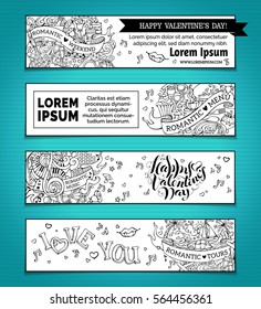 Vector set of horizontal love doodles banners. Valentine's day and wedding banners. Romantic music, weekend, menu, tours. There is place for your text on white background.