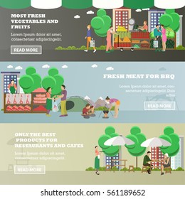 Vector set of horizontal market concept banners in flat style. Most fresh vegetables and fruit, Fresh meat for BBQ, Only the best products for restaurants and cafe design elements in flat style.