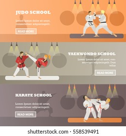 Vector set of horizontal martial arts concept banners. Judo, Taekwondo, karate schools design elements in flat style. Martial arts fighters, place for text.