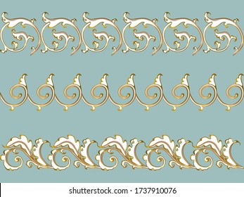 Vector set of horizontal ornament of acanthus leaves in style baroque. Monogram floral , leaf scroll, engraved, retro flower pattern gold on blue.