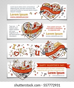 Vector set of horizontal romantic banners with hearts. Valentine's day red and gold banners. Romantic music, weekend, menu and tours. There is place for your text on white background.