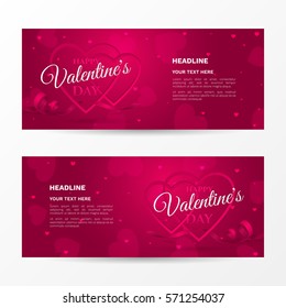 Vector set of horizontal romantic banners for "Happy Valentine's day" with frames of shaped heart, ribbon and confetti. Holiday pink background for flyers with hearts and place for text