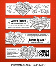 Vector set of horizontal romantic doodles banners. Valentine's day banners with hearts. Black and white hand-drawn decorations. Romantic music, weekend, menu, tours. There is place for your text.