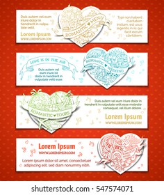 Vector set of horizontal romantic duotone banners. Valentine's day doodles doodles banners. Romantic music, weekend, menu, tours. There is place for your text on white background.