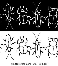 Vector set of horizontal seamless pattern of beetles. an ornament of hand-drawn beetles in different shapes in doodle style with a black and white isolated line on a contrasting background 
