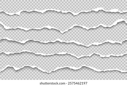 Vector set of horizontal seamless torn paper edge. Ripped white paper strips and shadow.