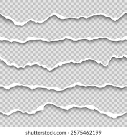 Vector set of horizontal seamless torn paper edge. Ripped white paper strips and shadow.