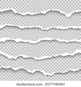 Vector set of horizontal seamless torn paper edge. Ripped white paper strips and shadow.