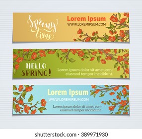 Vector set of horizontal spring banners. Red flowers and green leaves on tree branches. Spring time. Hello spring! There is place for your text.