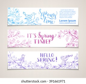 Vector set of horizontal spring banners. Sakura blossoms, leaves and birds on tree branches. Bright contour illustration. Spring time. Hello spring! There is place for your text on white background. 