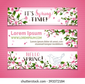 Vector set of horizontal spring banners. Pink sakura blossoms, leaves and bird contours on tree branches. Hello spring! It's spring time! There is place for your text on white background.