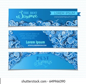 Vector set of horizontal swirls banners. Hand-drawn ornate clouds, curls and spirals. There is copy space for your text on dark blue background. Summer sky web templates.