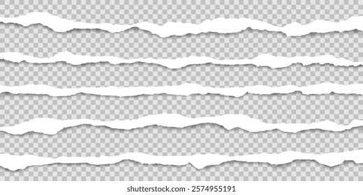 Vector set of horizontal torn paper edge. Ripped white paper strips and shadow.