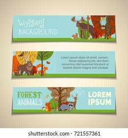 Vector set of horizontal woodland banners. Cute wild animals and birds between autumn trees. Fox, moose, deer, bear, squirrel, raccoon, hedgehog, owl and others. Trees, grass and mushrooms.