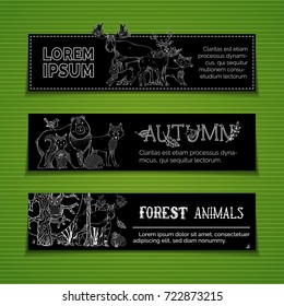 Vector set of horizontal woodland banners. Chalk wild animals and birds on black background. Fox, elk, deer, bear, squirrel, hedgehog, owl and others. Autumn trees and leaves, grass and mushrooms.