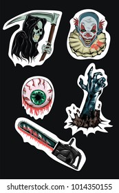 Vector set of horror stickers with Bloody  chainsaw , scary clown, death, eye and zombie hand