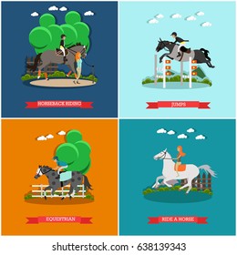 Vector set of horse concept posters. Horseback riding, Jumps, Equestrian and Ride a horse flat style design elements.