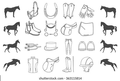 vector set of horse head silhouette. horse ride equipment icon set