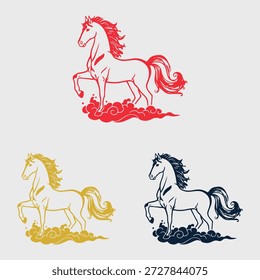 Conjunto de Vector de ilustraciones de caballos en estilo tradicional chino con nubes. Elegante arte de línea de caballo en colores rojo, dorado y negro para el año Nuevo chino, calendario lunar o marca de lujo.