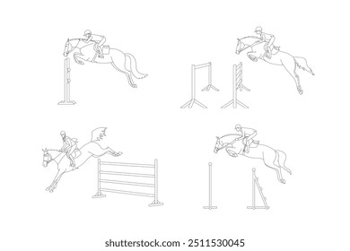 Vector set of horse riders making a jump over an obstacle