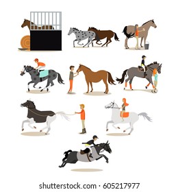 Vector set of horse riding people icons isolated on white background. Equestrian sport, riding and grooming horses, stable concept design elements in flat style.