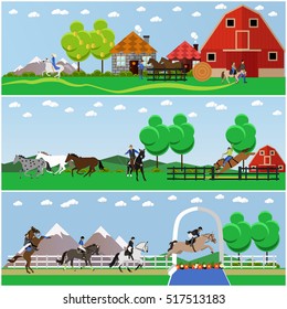 Vector set of horseback riding, horse riding, taming horses and farming concept banners, posters, flat style.