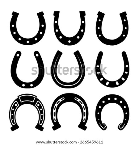 Vector set of horseshoe icons symbolizing good luck and protection. Includes multiple horseshoe styles for St. Patrick’s Day, Western themes, and vintage badges. Perfect for logos, stickers, crafts, a