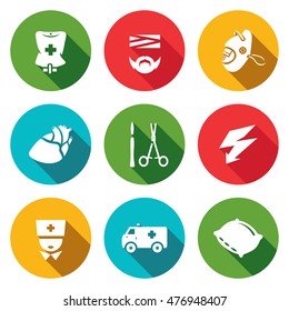 Vector Set of Hospital Icons. Drip, Patient, Mask, Heart, Scalpel and Scissors, Electric Discharge, Nurse, Ambulance, Pillows.