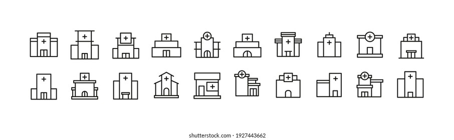 Vector set of hospital thin line icons. Design of 20 stroke pictograms. Hospital signs isolated on a white background.