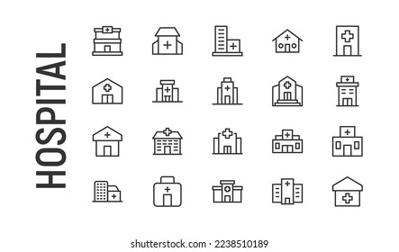 Vector set of hospital thin line icons. Design of 20 stroke pictograms. Signs of hospital isolated on a white background.