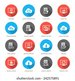 Conjunto de vectores con iconos de hospedaje, servidor, base de datos, red y cloud computing.