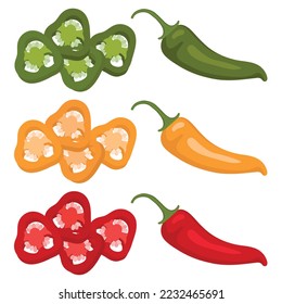 Vector set of hot peppers. Yellow, red, green pepper. Slices of hot pepper. Hot pepper pods and slices.