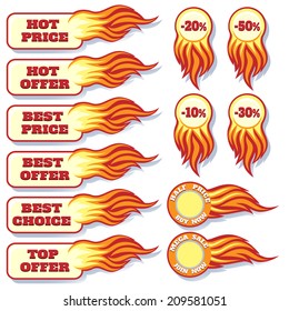 A vector set of hot price and offers badges with flame isolated on white