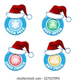 A vector set of hot price and offers seasonal new year sale badges with Santa cap isolated on white