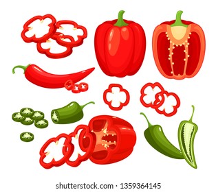 Vector set of hot red green chili pepper and full, half and slices bell pepper.  Vegetable illustration  isolated on white background. Mexican food. Spicy ingredient. Eco farm market product for web