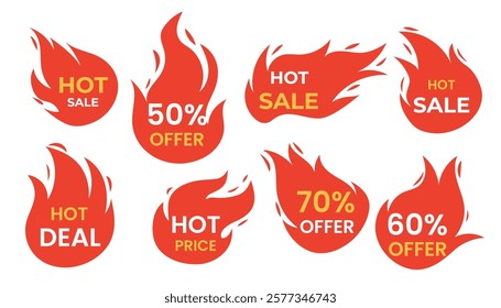 Vector set hot sale badges with burning fire. Offers discount icons collection. Last chance, last hour ,total sale, stickers.