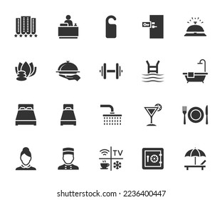 Vector set of hotel flat icons. Contains icons reception, double bed, single bed, door hanger, maid, doorman, spa, hotel bell, safe and more. Pixel perfect.