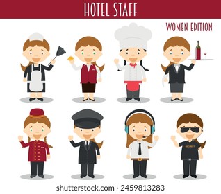 Vector Set of Hotel Staff Professions in cartoon style. Women Edition.