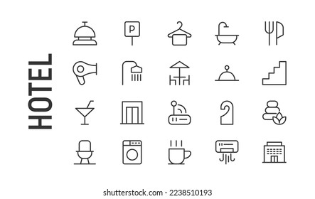 Vector set of hotel thin line icons. Design of 20 stroke pictograms. Signs of hotel isolated on a white background.