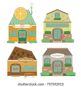 vector set house, coffee shop, fruit, flowers