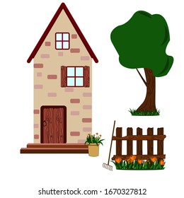 Vector set, house, fence, trees