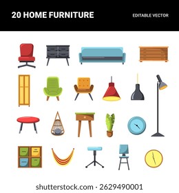 Vector set of house furniture illustration including sofa chairs tables and lamps ideal for interior design and home decor.