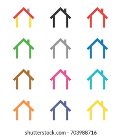 Vector set of house icons and logo elements with different colors.