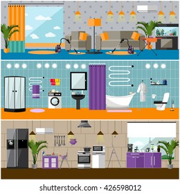 Vector set of house interior banners. Apartment interior with furniture, living room, bathroom, kitchen. 