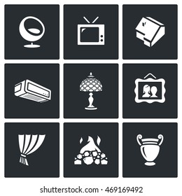 Vector Set of House and Interior items Icons. Chair, TV, Home, Conditioner, Lamp, Picture, Curtain, Fireplace, Vase.