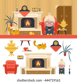 Vector set of house living room interior objects in flat style. Design elements and icons isolated on white background. Grandma sitting in chair next to fireplace.