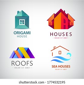 Vector Set Of House Logos, Real Estate Concept, Building Construction Icon. Origami Style