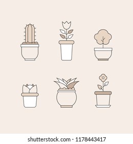 Vector set of house plants with flower, cactus, leaves in the pots for home decor on a windowsill. Decorative element in thin linear style. Flat style. Vector illustration.